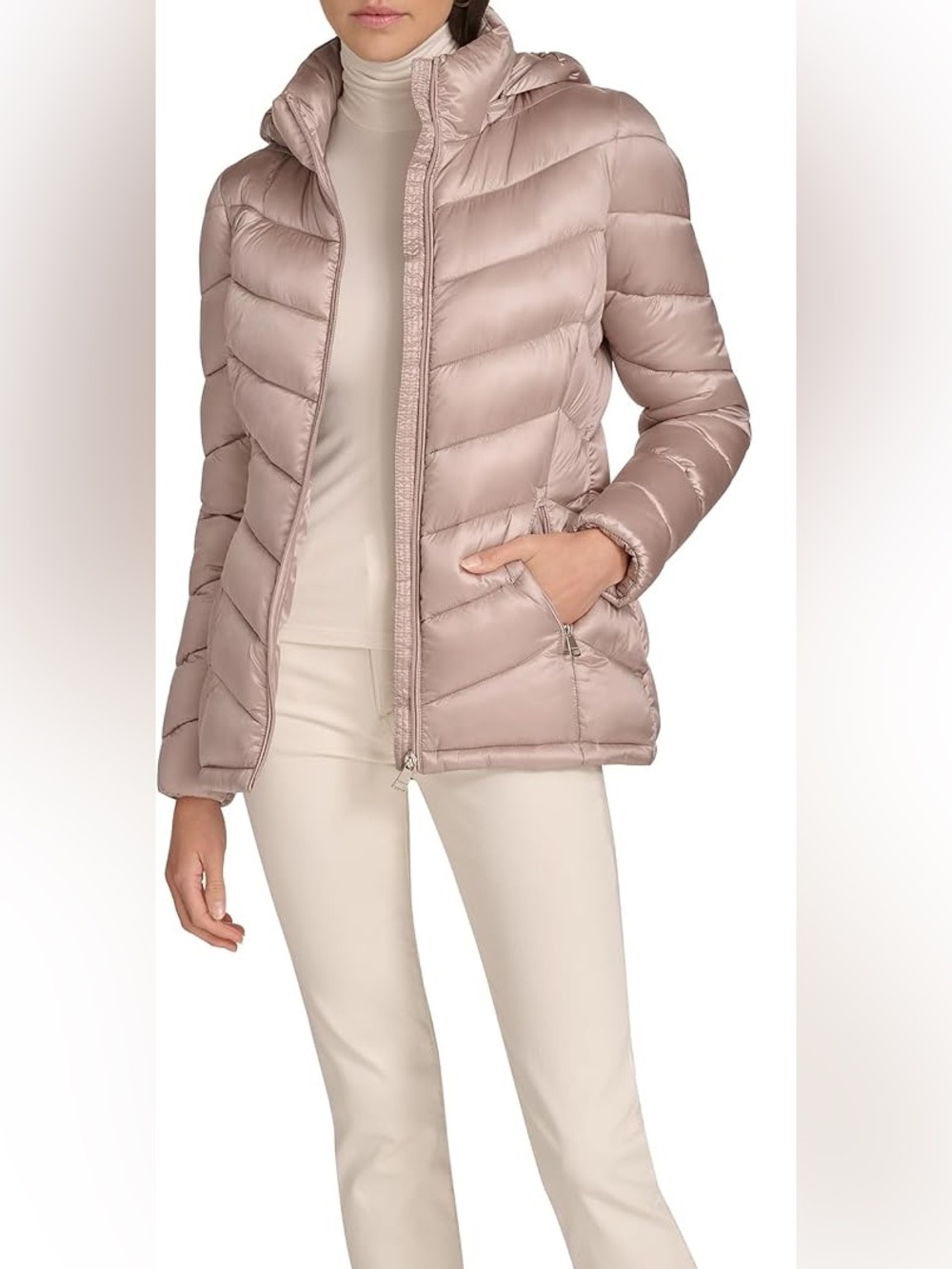 Calvin Klein Quilted Hooded Puffer Jacket in Blush Gold